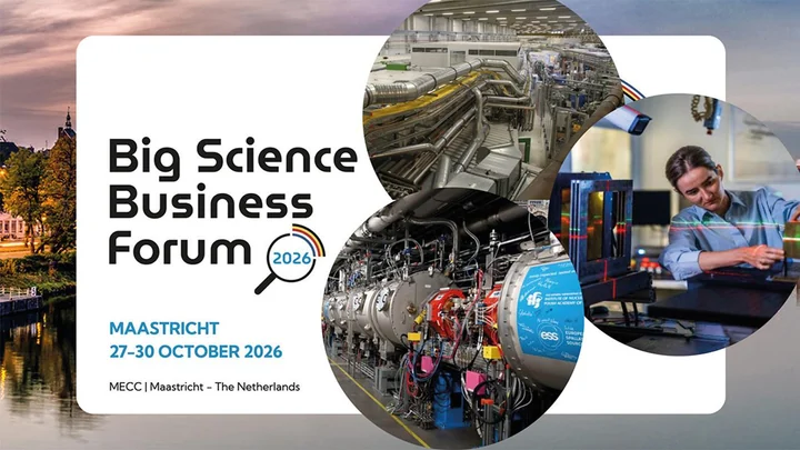 Poster for Big Science Business Forum 2026 in Maastricht, with the event dates and photographs of scientific facilities.