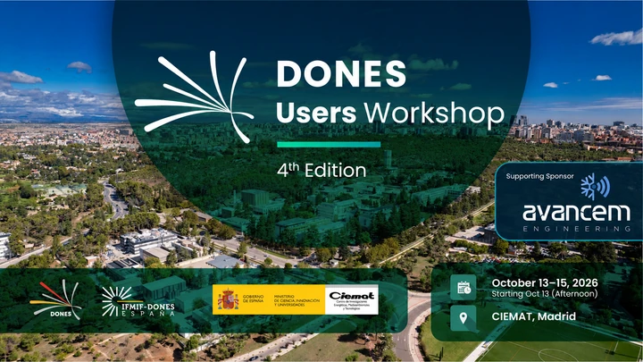 Poster for the fourth edition of the DONES Users Workshop, featuring AVANCEM as a Supporting Sponsor.